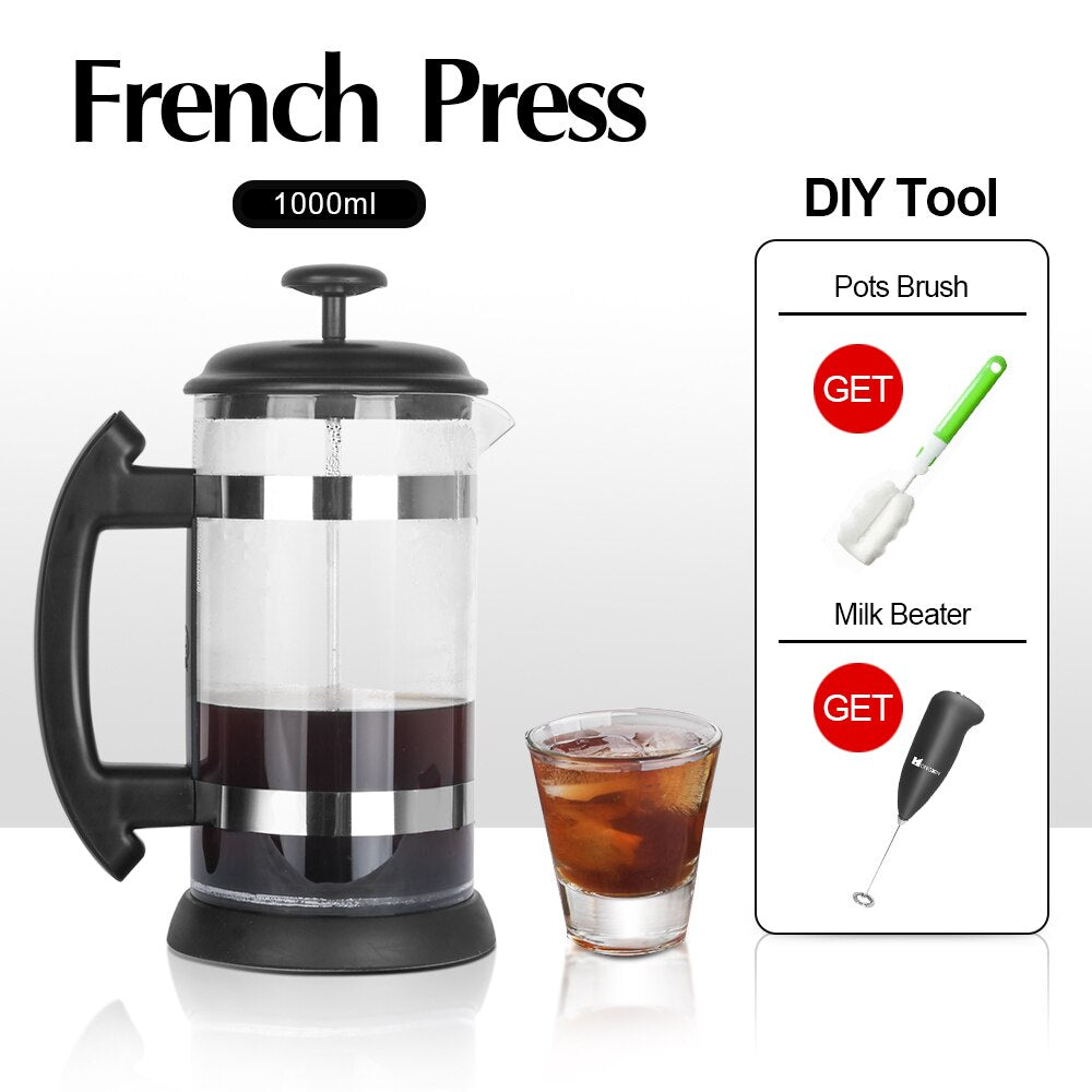 Stainless Steel Glass Teapot Cafetiere French Coffee Tea Percolator Filter Press Plunger 1000ml Manual Coffee Espresso Maker Pot