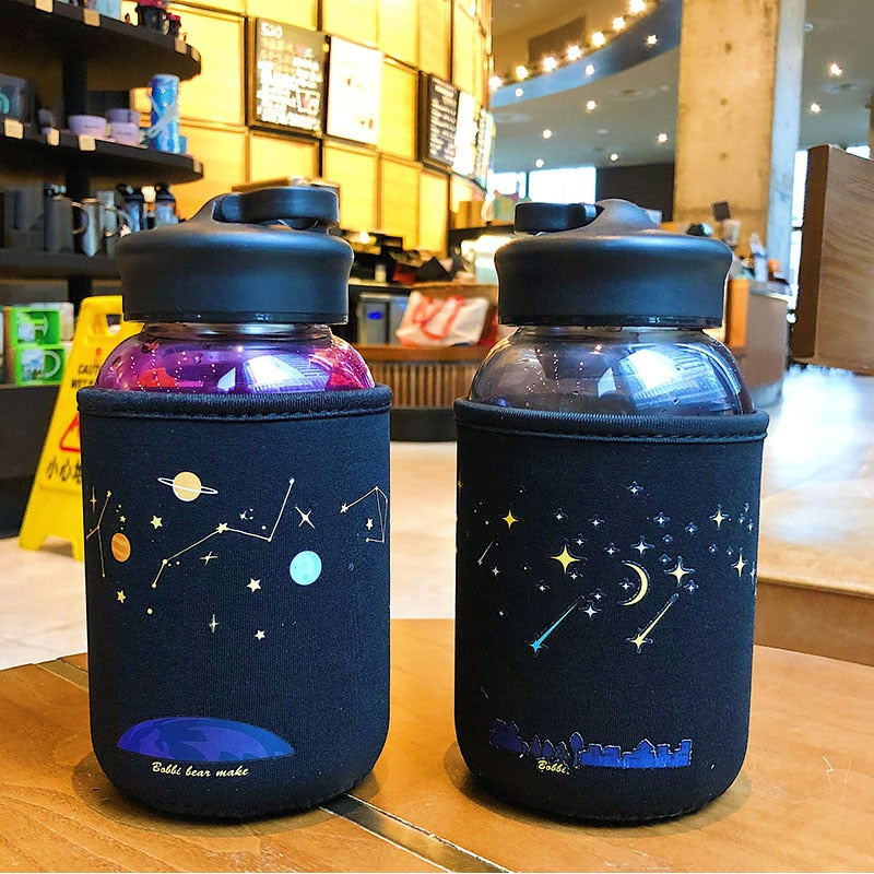 600ML Starry Sky Gradient Glass Water Bottle With Protective Bag Cute Fashion Leak Proof Water Cup for Girls Sport Drink Bottles