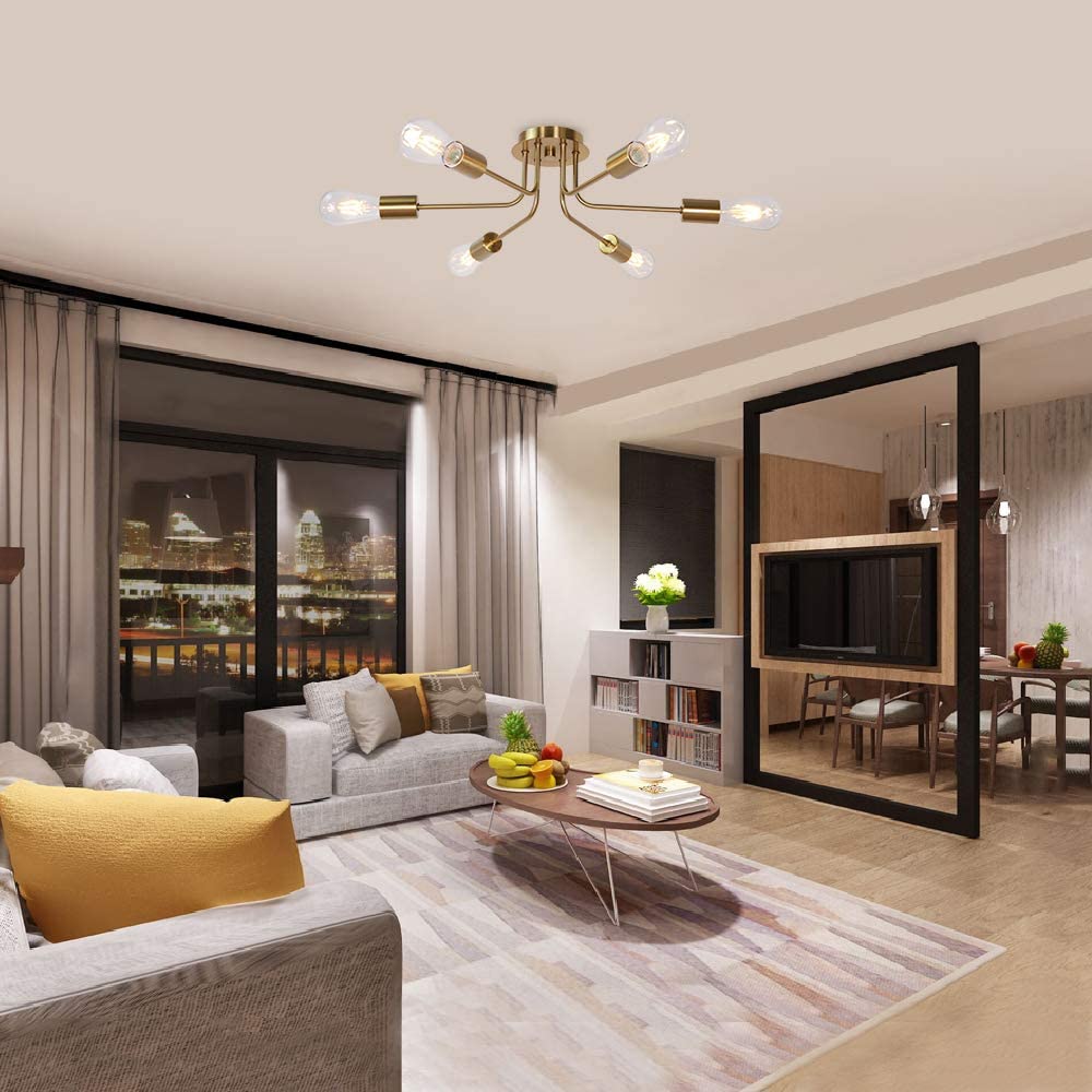 Modern Sputnik LED Light Mid Century Ceiling Lights Semi Flush Mount Light Fixture Nordic Contemporary Brushed Nickel Brass Lamp