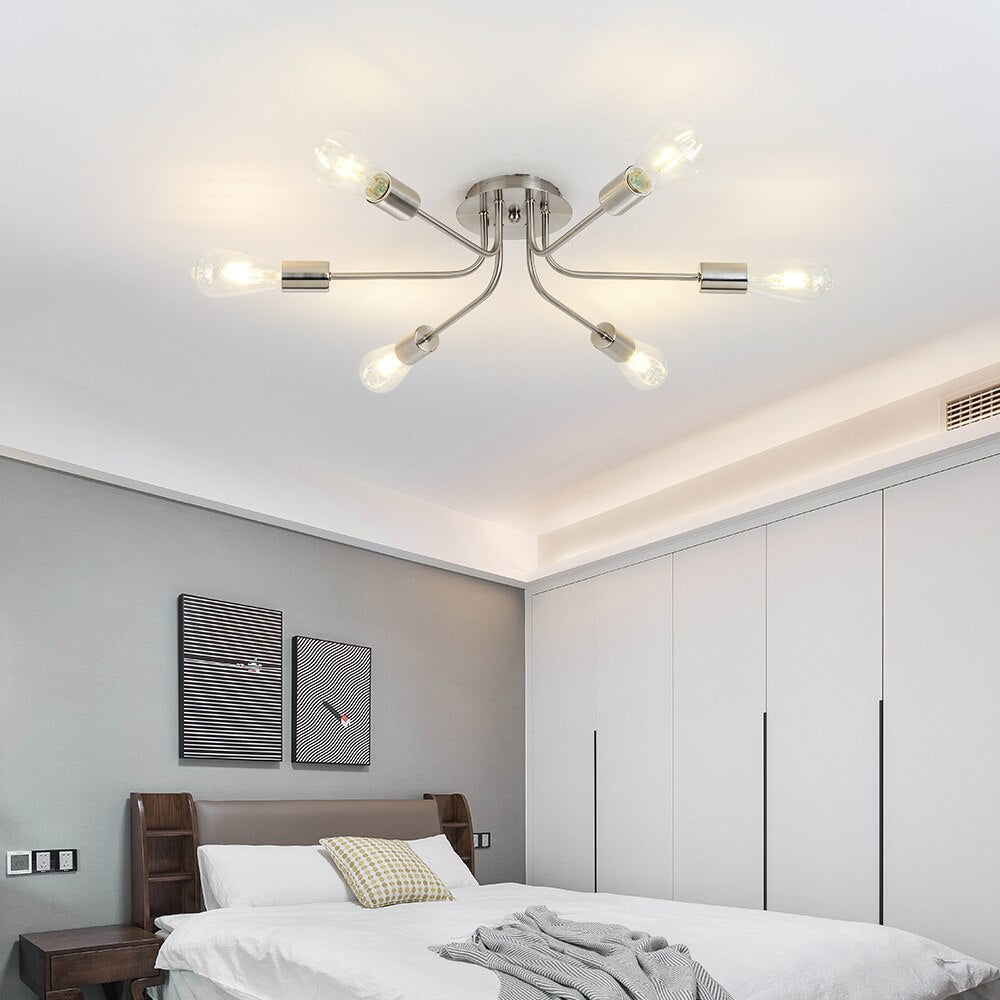 Modern Sputnik LED Light Mid Century Ceiling Lights Semi Flush Mount Light Fixture Nordic Contemporary Brushed Nickel Brass Lamp