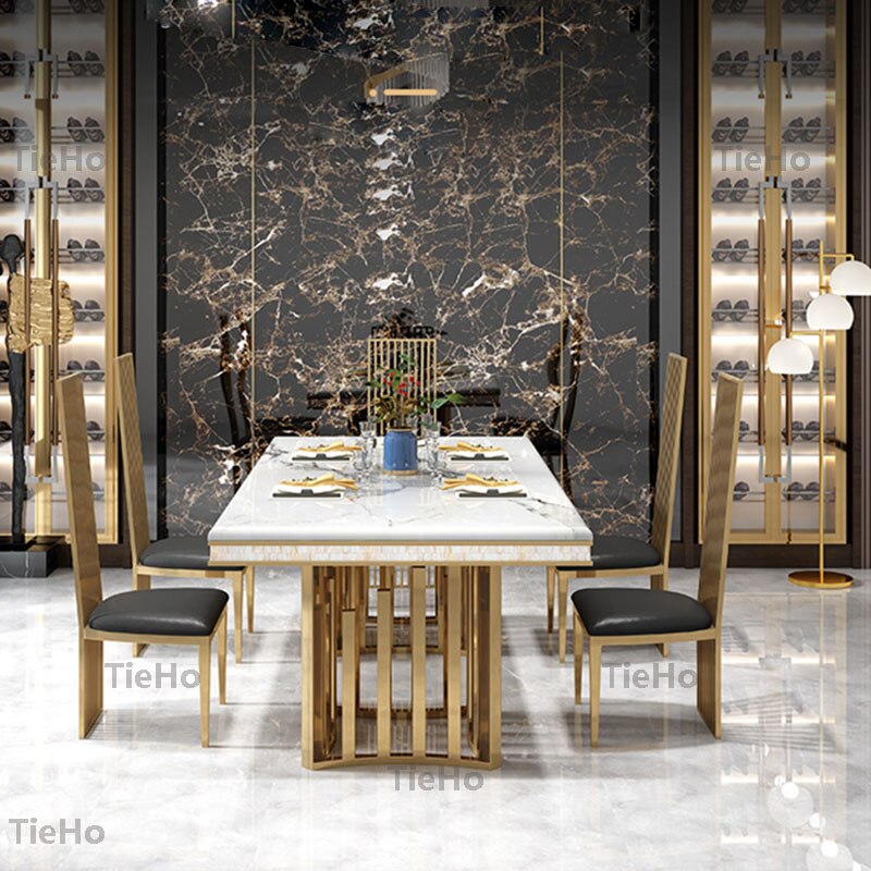 TieHo Luxury Marble Dining Table Chair Sets Modern Design Rectangular Dining Table Kitchen Table Chair Gold Stainless Steel