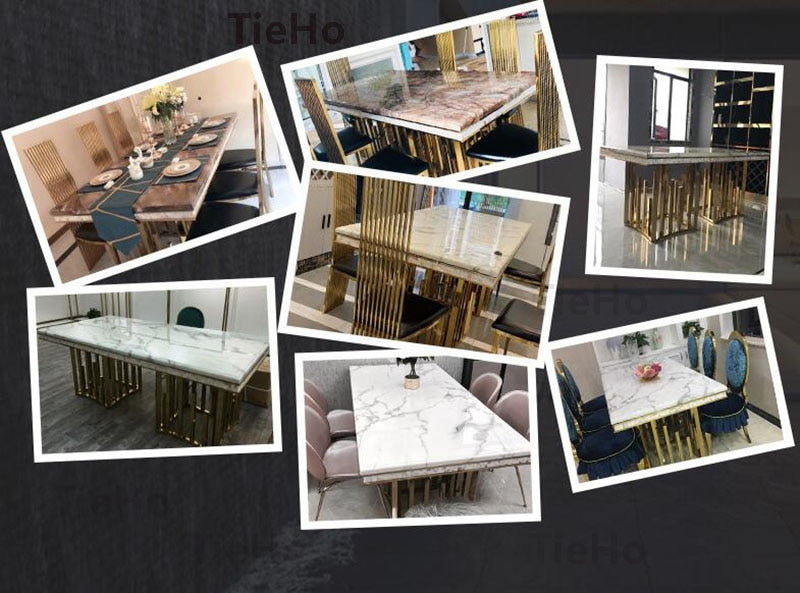 TieHo Luxury Marble Dining Table Chair Sets Modern Design Rectangular Dining Table Kitchen Table Chair Gold Stainless Steel