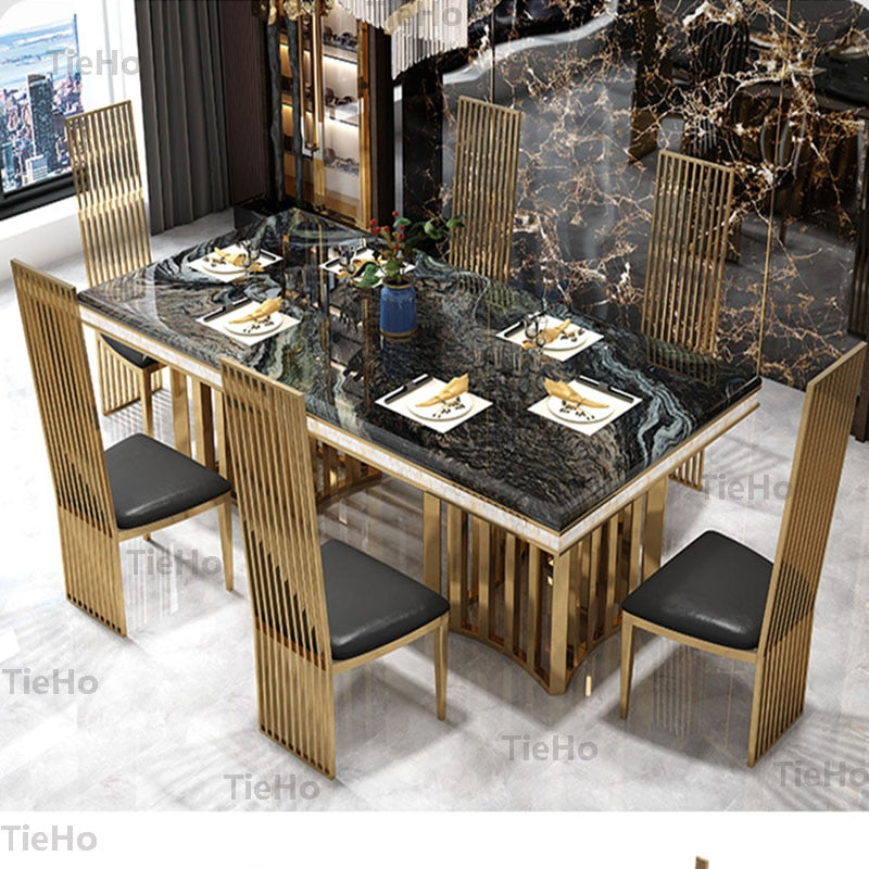 TieHo Luxury Marble Dining Table Chair Sets Modern Design Rectangular Dining Table Kitchen Table Chair Gold Stainless Steel