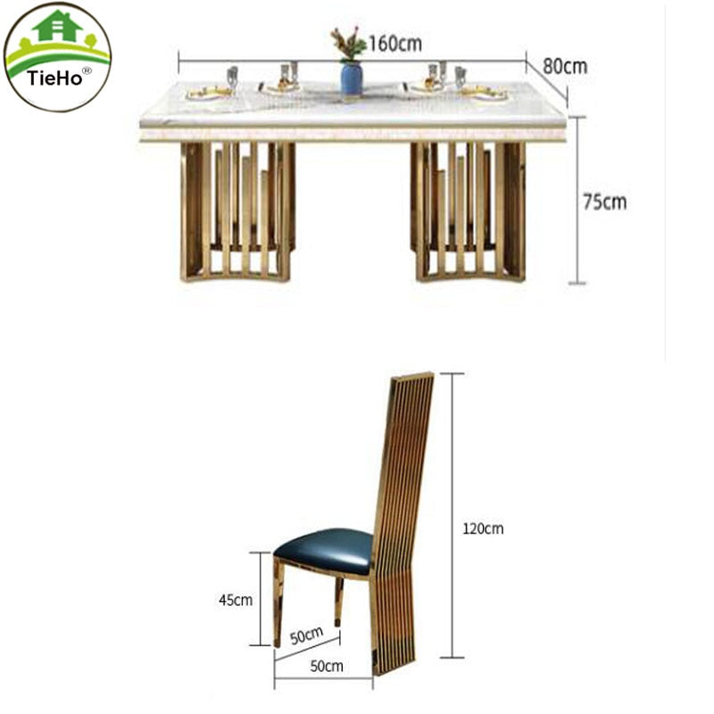 TieHo Luxury Marble Dining Table Chair Sets Modern Design Rectangular Dining Table Kitchen Table Chair Gold Stainless Steel