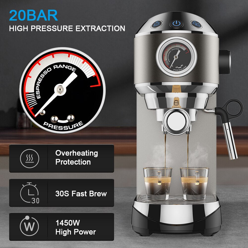 20 Bar Semi Automatic Coffee Maker Machine by BioloMix ,with Milk Steam Frother Wand, for Espresso, Cappuccino, Latte and Mocha