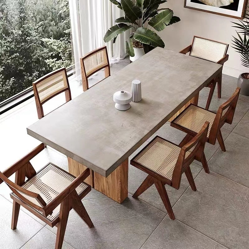 Nordic quiet wind dining table full solid wood minimalist cement ash rectangular office negotiation table worktable
