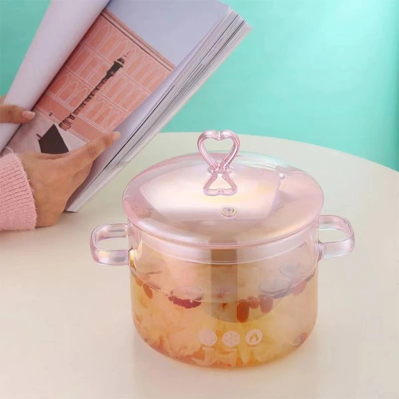 INS Cute High-value Love Pink Glass Pan High Borosilicate Heat-resistant Binaural Soup Pot Open Fire Instant Noodle Cooking Pot