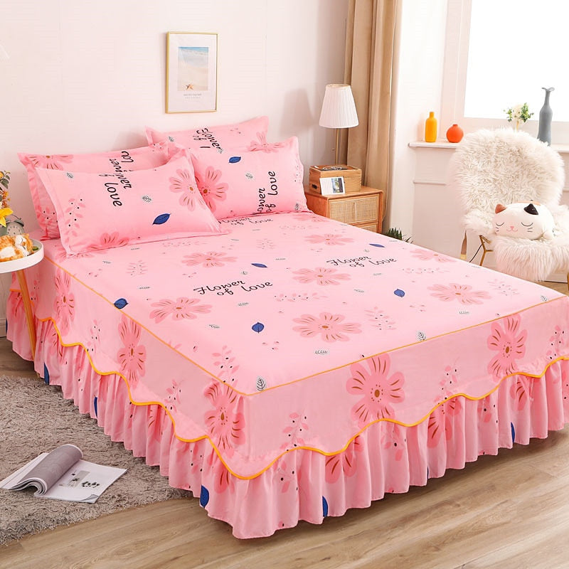 3Pcs Bed Sheet Lace Skirt Elastic Fitted Double Bedspread Mattress Cover Home Pillowcase Bedding Set Bedsheet 2 Seater