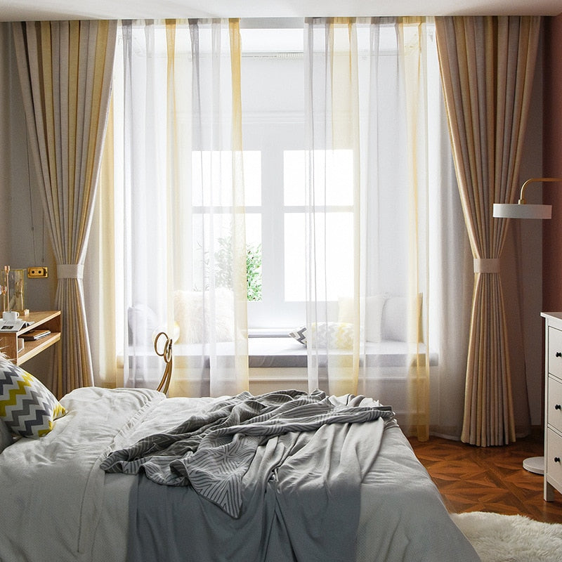 Nordic Curtains for Living Room Bedroom Beige Gradient Cotton and Linen Blended Curtains Finished Product Customization