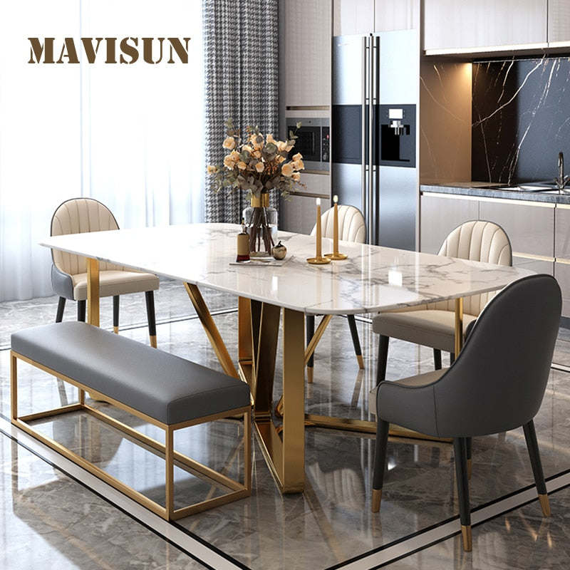 Metal Luxury Marble Table Dining Rectangular For Home Modern Minimalist Rock Slab Small Mesa De Comedor Salon Furniture FGM