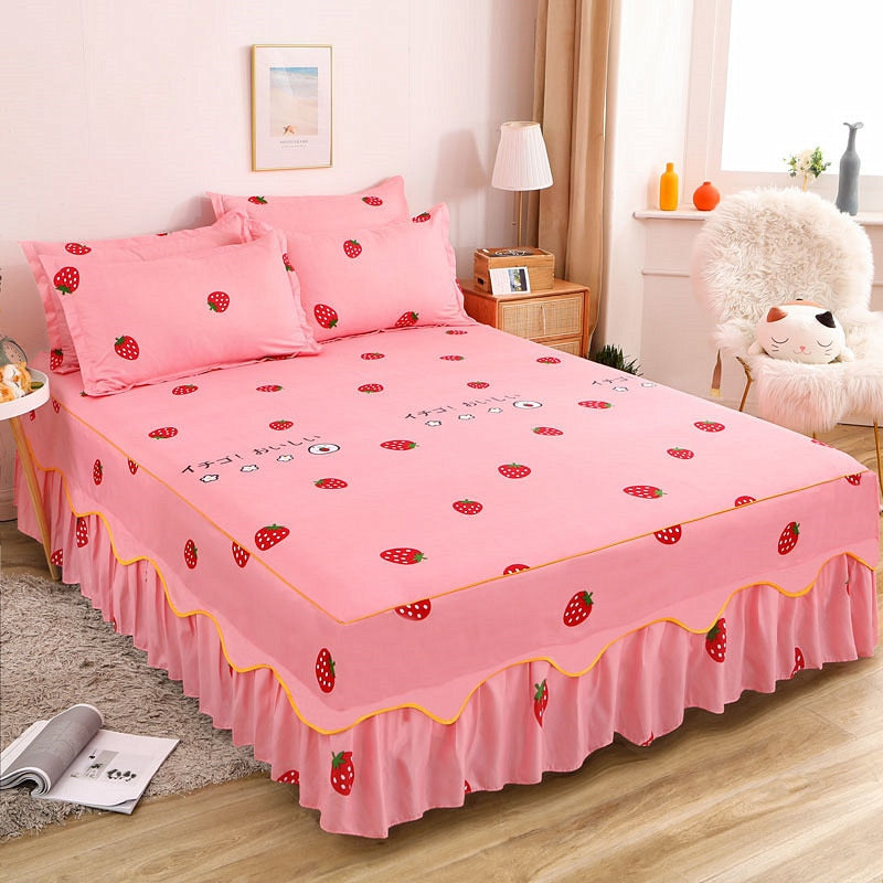 3Pcs Bed Sheet Lace Skirt Elastic Fitted Double Bedspread Mattress Cover Home Pillowcase Bedding Set Bedsheet 2 Seater