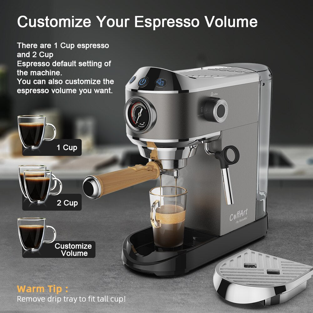 20 Bar Semi Automatic Coffee Maker Machine by BioloMix ,with Milk Steam Frother Wand, for Espresso, Cappuccino, Latte and Mocha