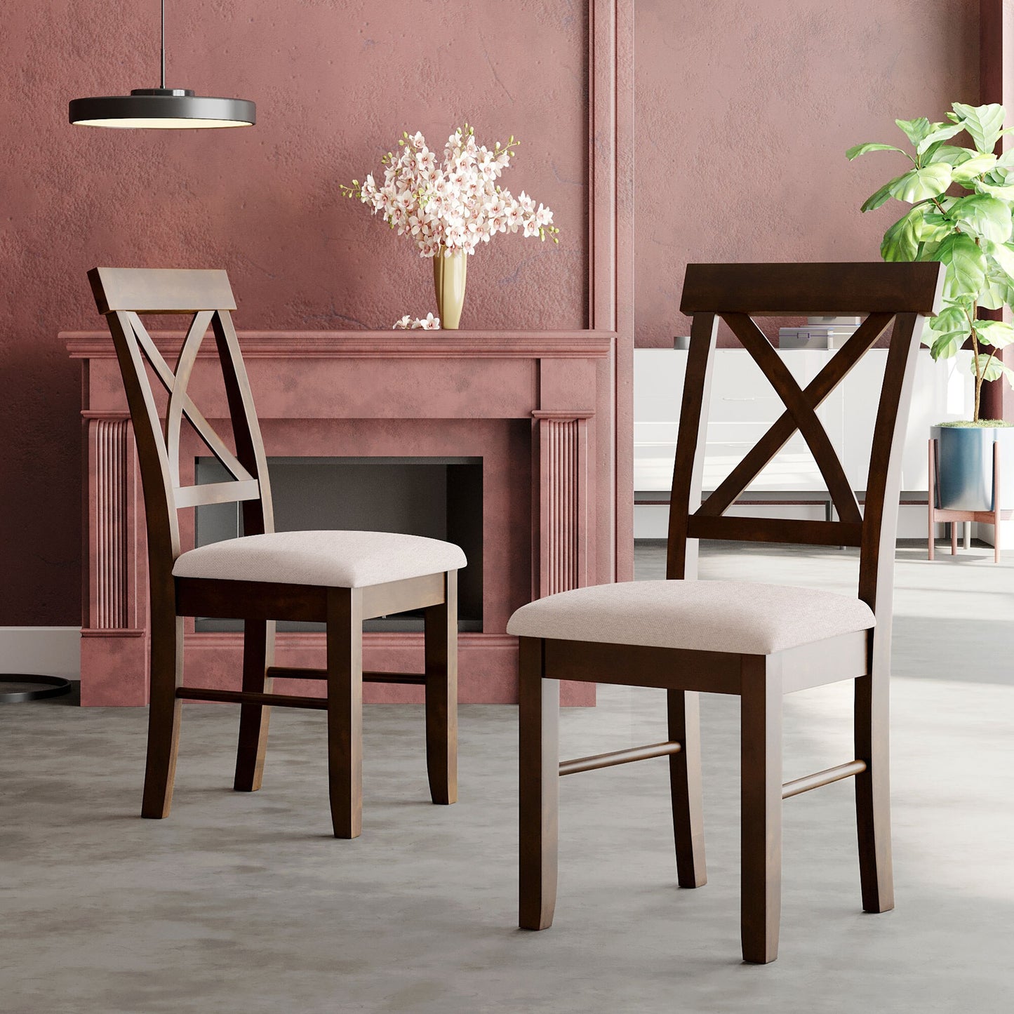5 Pieces Farmhouse Rustic Wood Kitchen Dining Table Set with Upholstered 4 X-back Chairs for Living Room
