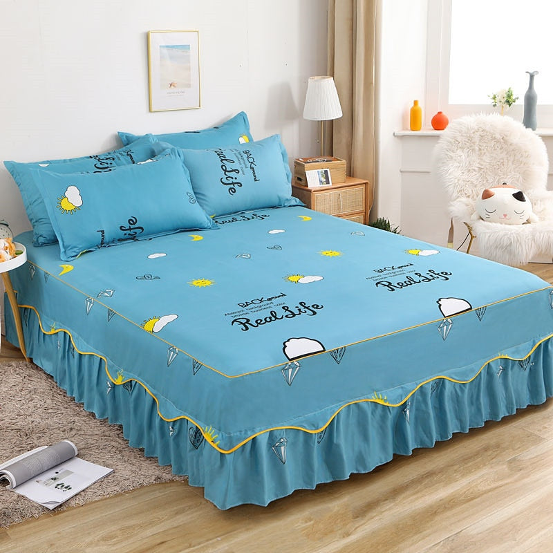 3Pcs Bed Sheet Lace Skirt Elastic Fitted Double Bedspread Mattress Cover Home Pillowcase Bedding Set Bedsheet 2 Seater