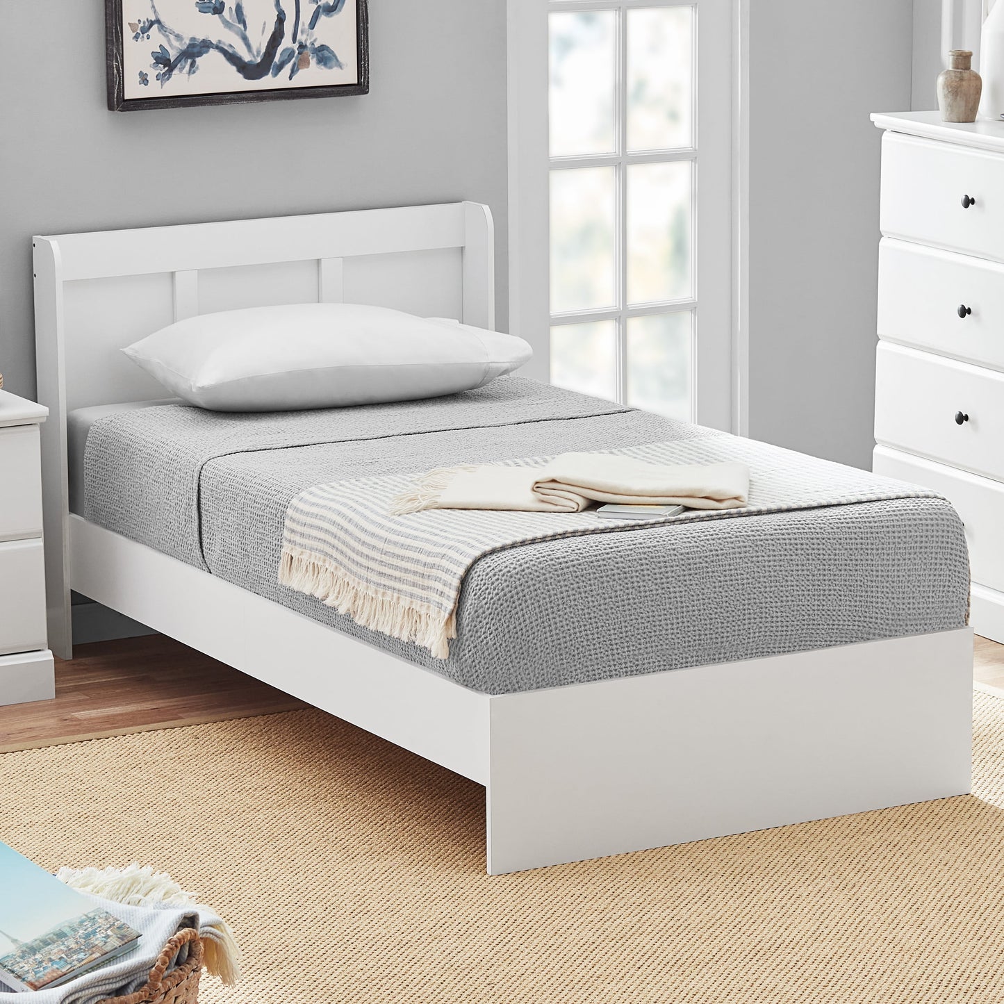 Sauder Parklane Platform Twin Bed with Headboard, Soft White Finish (Mattresses Not Included) bedframe twin bed frame