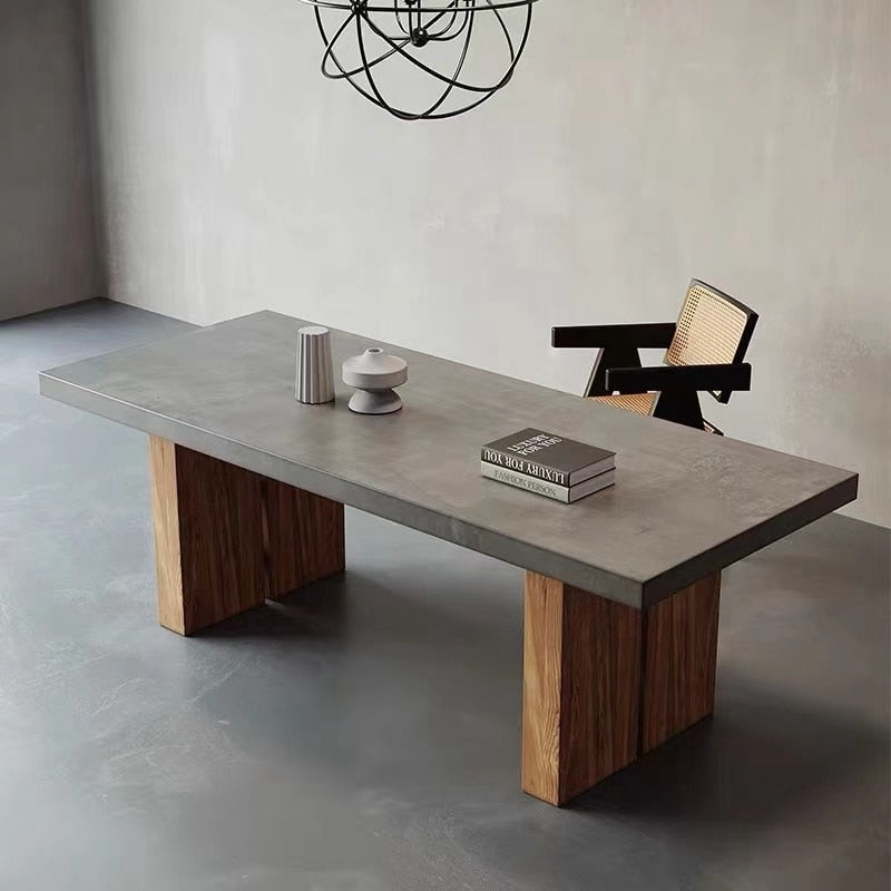 Nordic quiet wind dining table full solid wood minimalist cement ash rectangular office negotiation table worktable