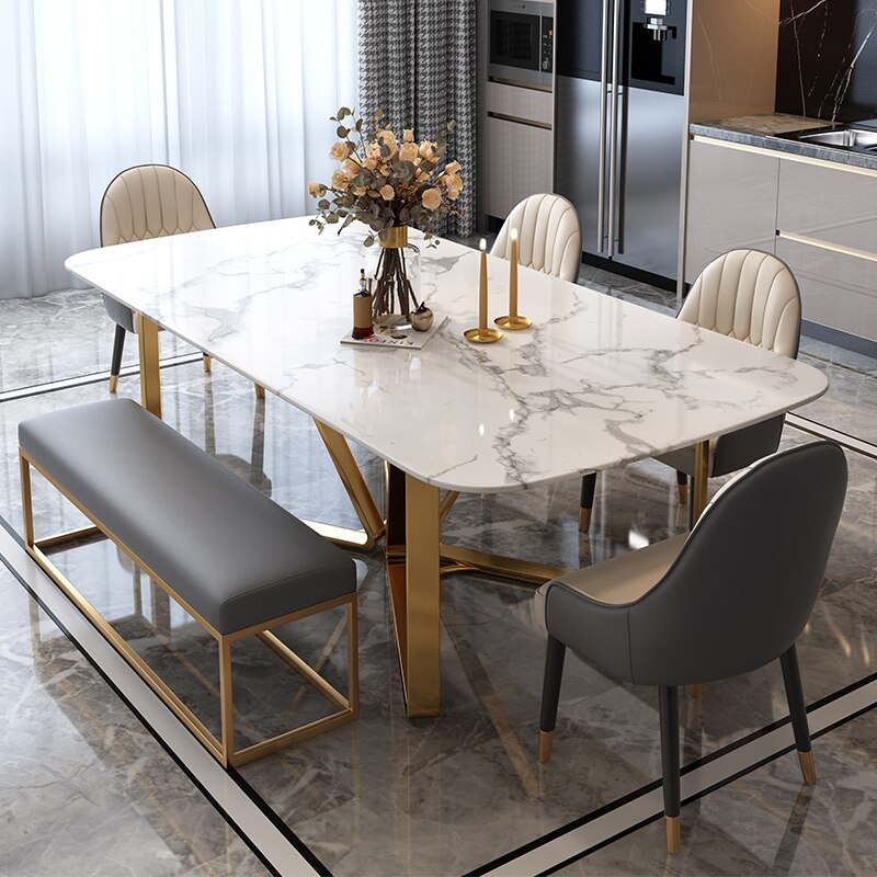Metal Luxury Marble Table Dining Rectangular For Home Modern Minimalist Rock Slab Small Mesa De Comedor Salon Furniture FGM