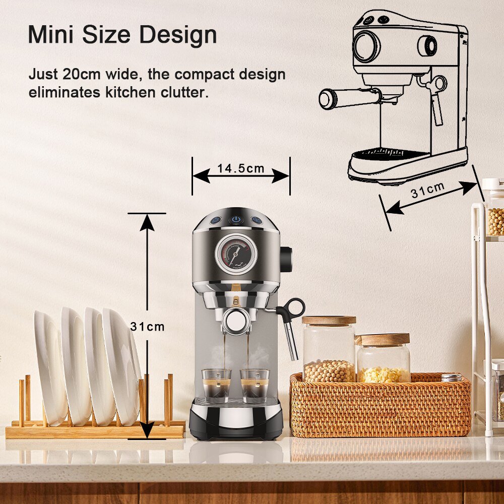 20 Bar Semi Automatic Coffee Maker Machine by BioloMix ,with Milk Steam Frother Wand, for Espresso, Cappuccino, Latte and Mocha