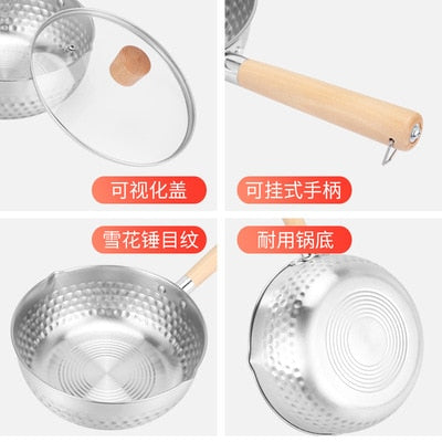 Stainless steel rice pot, Japanese thickened snow pot, wooden handle single handle milk pot, hot milk instant noodle pot
