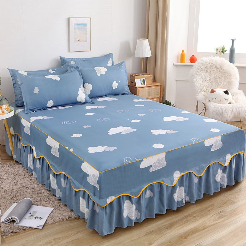 3Pcs Bed Sheet Lace Skirt Elastic Fitted Double Bedspread Mattress Cover Home Pillowcase Bedding Set Bedsheet 2 Seater