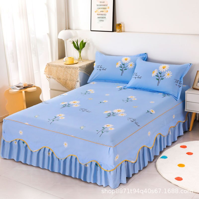 3Pcs Bed Sheet Lace Skirt Elastic Fitted Double Bedspread Mattress Cover Home Pillowcase Bedding Set Bedsheet 2 Seater