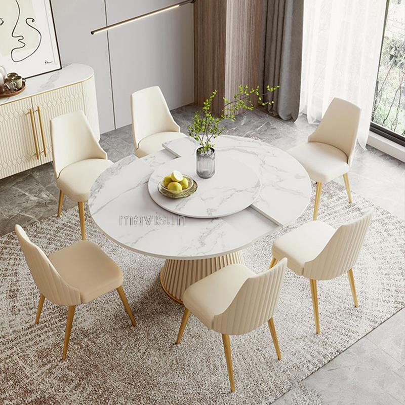 Extendable Round Kitchen Table For Dining Room Modern Luxury Indoor Home Furniture Restaurant Marble Dining Table And 6 Chairs