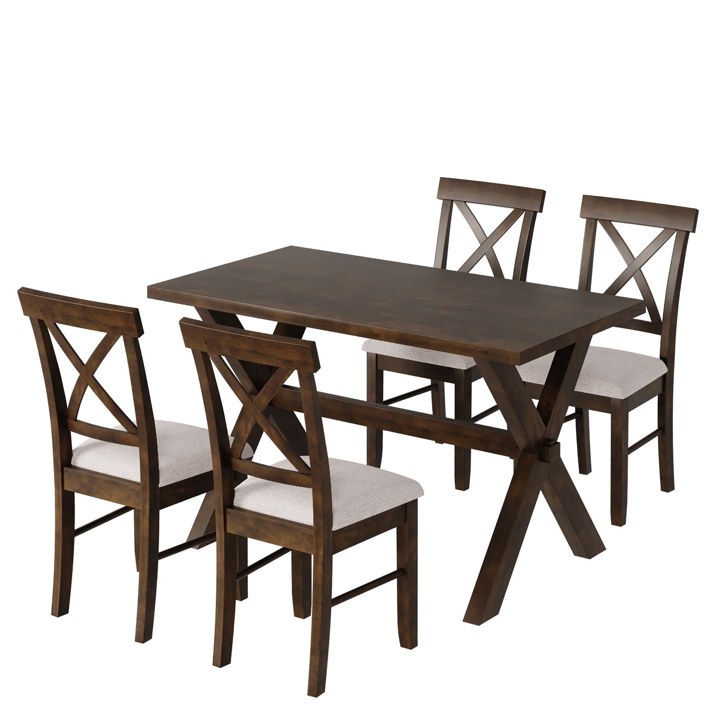 5 Pieces Farmhouse Rustic Wood Kitchen Dining Table Set with Upholstered 4 X-back Chairs for Living Room