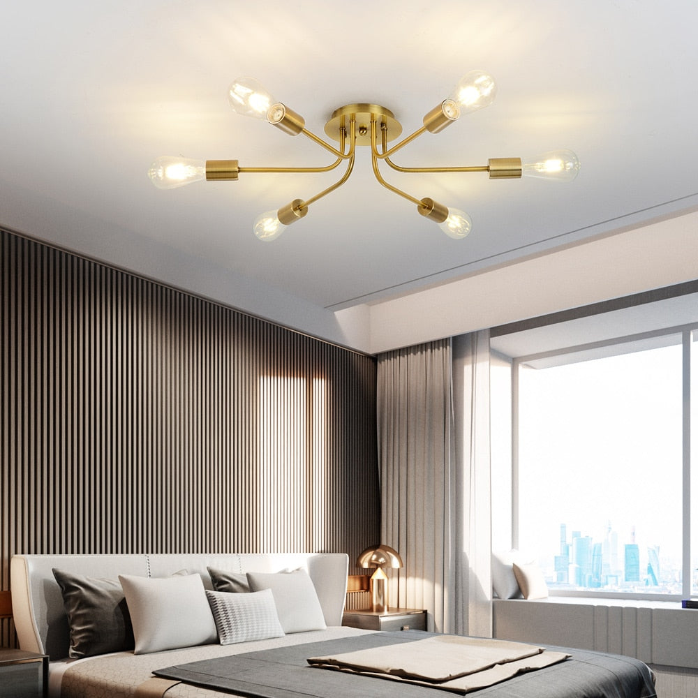 Modern Sputnik LED Light Mid Century Ceiling Lights Semi Flush Mount Light Fixture Nordic Contemporary Brushed Nickel Brass Lamp
