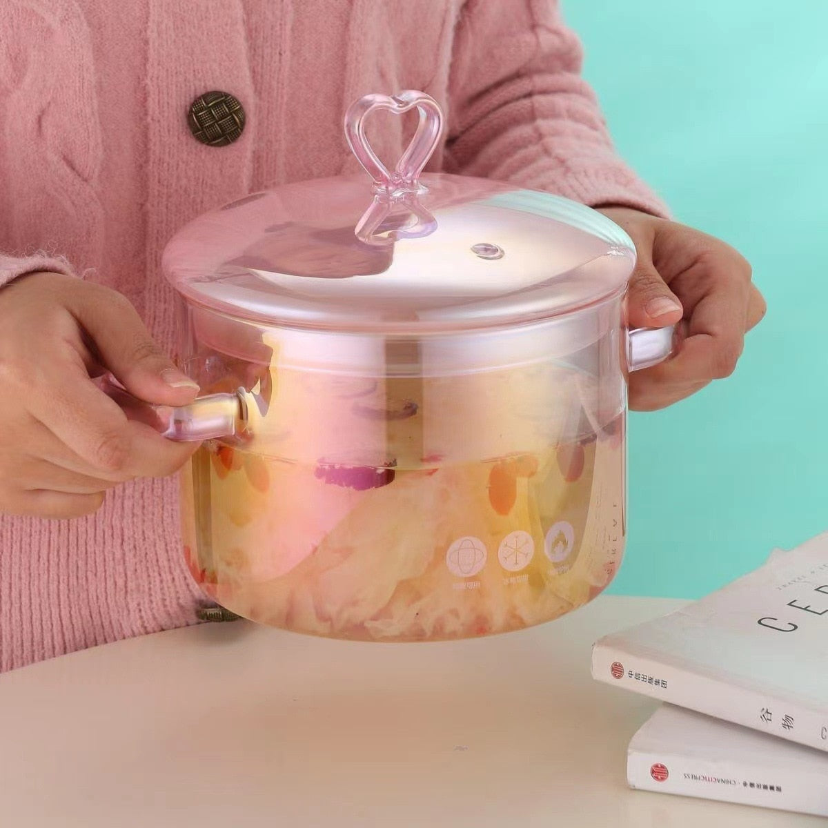 INS Cute High-value Love Pink Glass Pan High Borosilicate Heat-resistant Binaural Soup Pot Open Fire Instant Noodle Cooking Pot