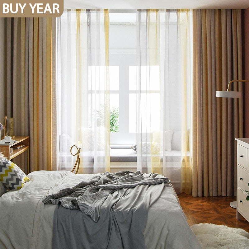 Nordic Curtains for Living Room Bedroom Beige Gradient Cotton and Linen Blended Curtains Finished Product Customization
