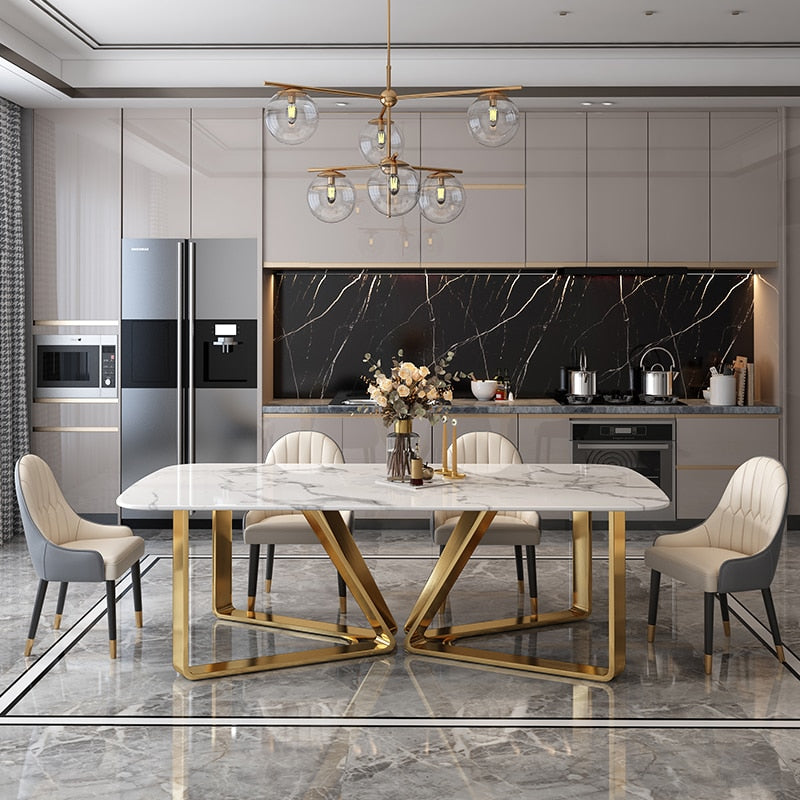 Metal Luxury Marble Table Dining Rectangular For Home Modern Minimalist Rock Slab Small Mesa De Comedor Salon Furniture FGM