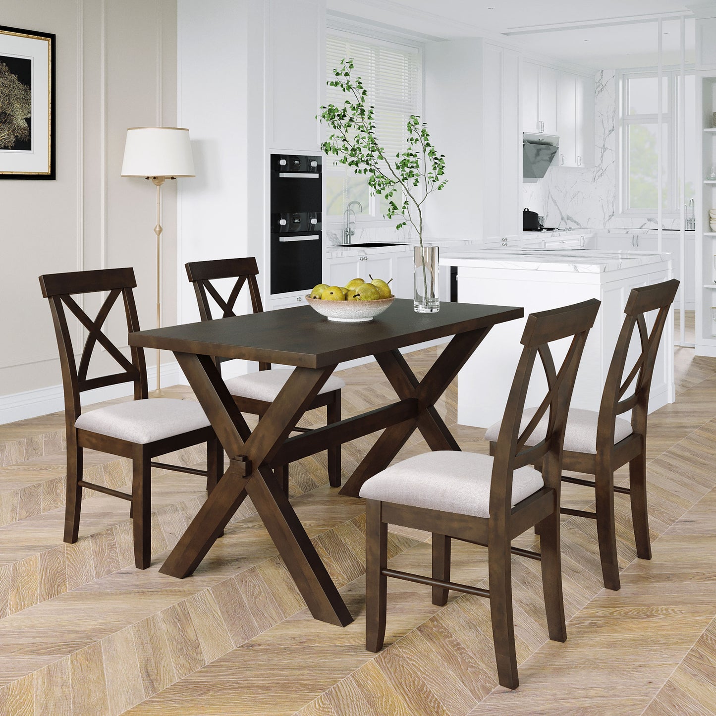 5 Pieces Farmhouse Rustic Wood Kitchen Dining Table Set with Upholstered 4 X-back Chairs for Living Room