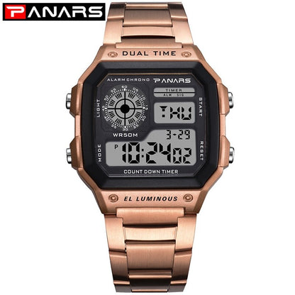 PANARS Reloj Deportivo Digital Men's Watches 50M Waterproof Sports Watch Stainless Steel Wristwatches Relojes Deportivos Zegarek