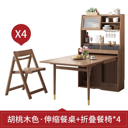 Solid Wood Small-sized Retractable Folding Dining Table, Chair and Sideboard Integrated