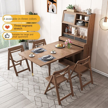 Solid Wood Small-sized Retractable Folding Dining Table, Chair and Sideboard Integrated