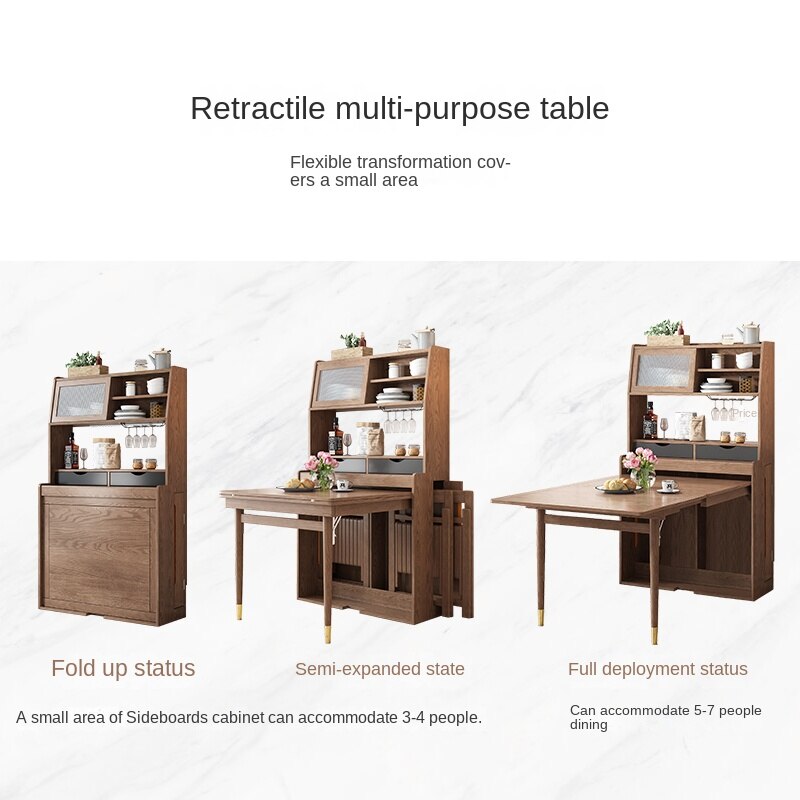 Solid Wood Small-sized Retractable Folding Dining Table, Chair and Sideboard Integrated