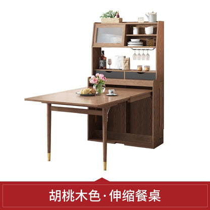 Solid Wood Small-sized Retractable Folding Dining Table, Chair and Sideboard Integrated