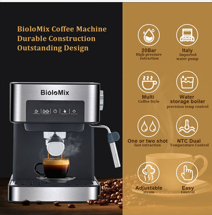 Coffart By BioloMix 20 Bar Italian Type Espresso Coffee Maker Machine with Milk Frother Wand for Espresso, Cappuccino and Mocha