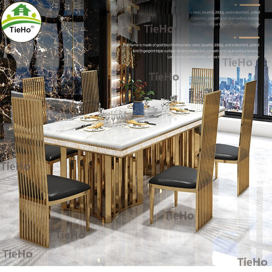 TieHo Luxury Marble Dining Table Chair Sets Modern Design Rectangular Dining Table Kitchen Table Chair Gold Stainless Steel