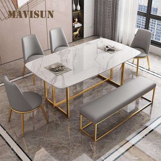 Light Luxury Rock Slab Dining Table High-End Rectangular Marble Household Small Apartment Modern Simple Glossy Dining Table Set