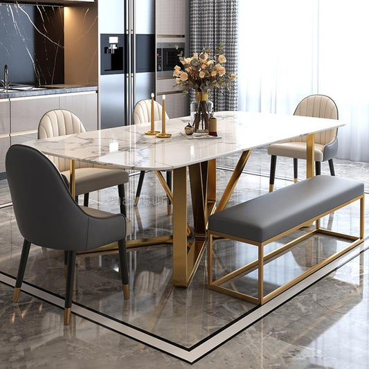 Light Luxury Marble Dining Table Minimalist Furniture Golden Stainless Steel Base Design High-End Rectangle Table And Six Chairs