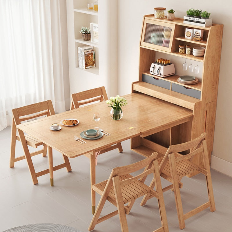 Solid Wood Small-sized Retractable Folding Dining Table, Chair and Sideboard Integrated