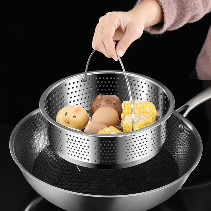 Kitchen Novel Stainless Steel Food Steamer Basket with Silicone Handle Feet Rice Pressure Cooker Steaming Grid Cooking Utensils